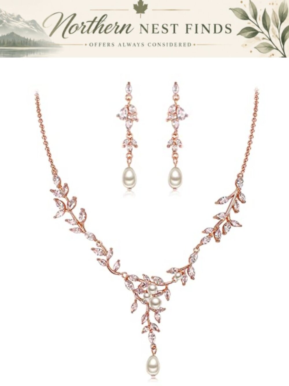 Cubic Zirconia Faux Pearl Leaf Necklace Earrings Set Bridal Wedding